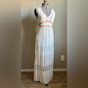 Flying Tomato boho lace embroidered Elegant White Maxi Dress with Pink Accents